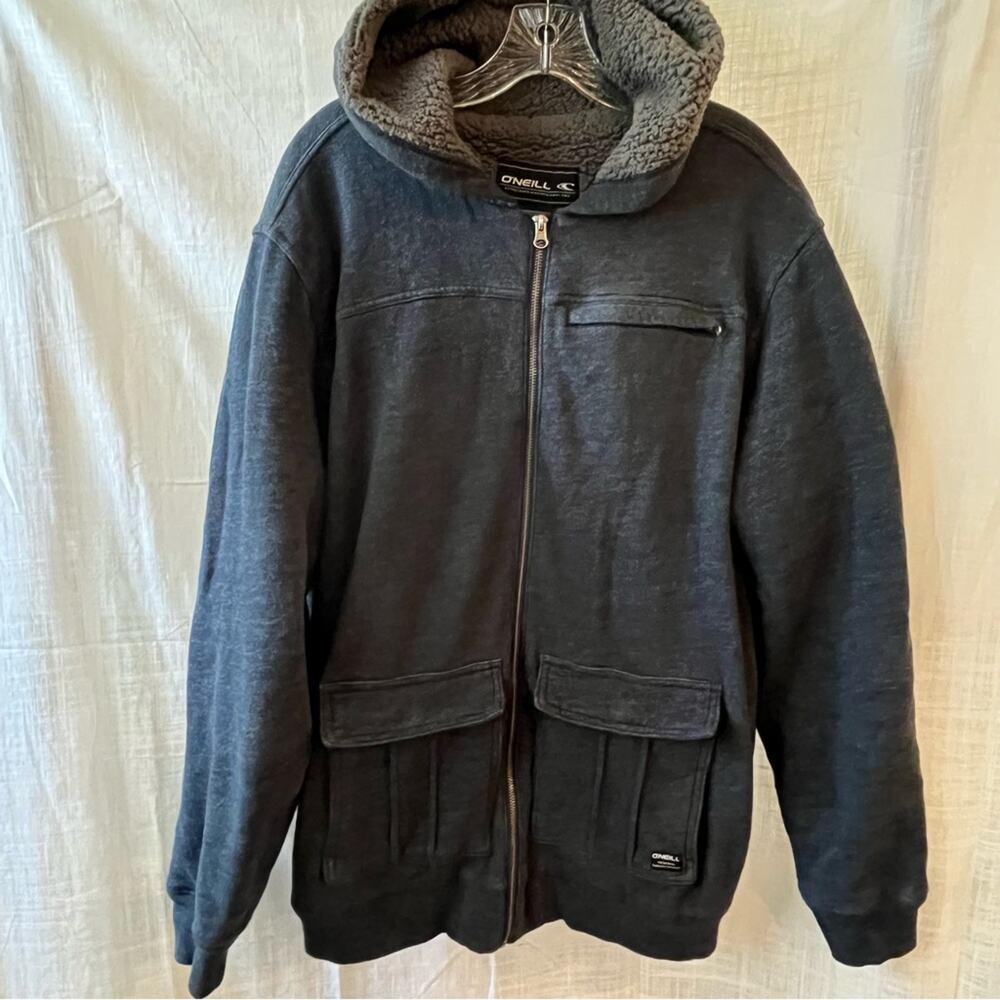 O’Neill Hoodie Sweatshirt Men’s Navy Blue Sherpa Linen Full Zip Size Large XL
